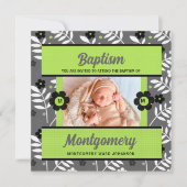 Groene Baby Baptisme met monogram en foto Kaart (Voorkant)