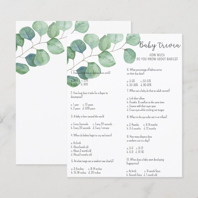 Groene Baby Trivia | Baby Shower Spel (Voorkant / Achterkant)