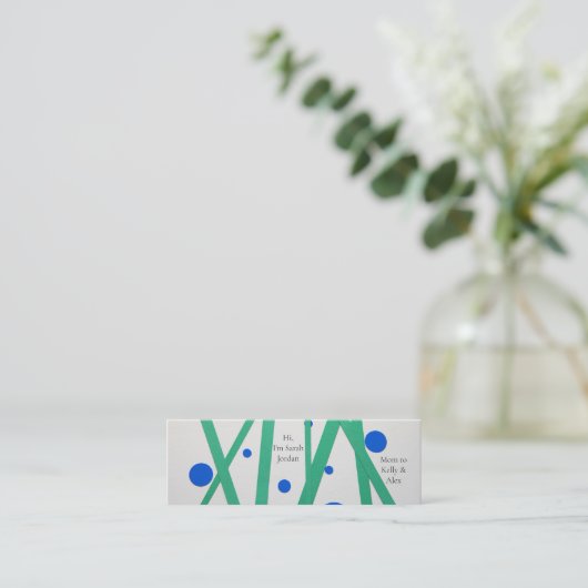 Groene bars, blauwe cirkels mam mini visitekaartje (Staand voorkant)