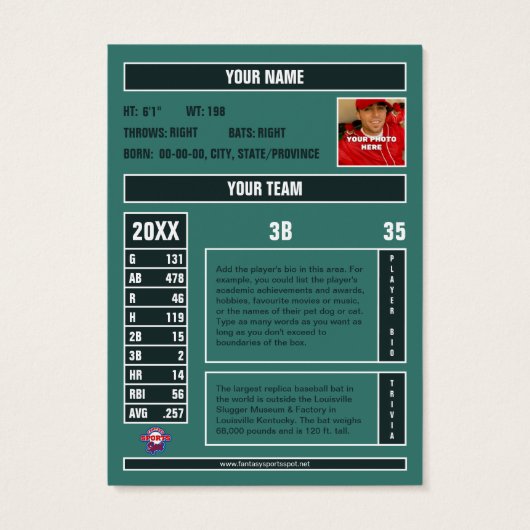 Groene Baseball Trading Kaart  Stats (Achterkant)