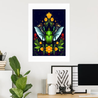 Groene beatle met vlieg en bloemen poster