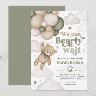 Groene Beer Ballon Baby Shower Uitnodiging