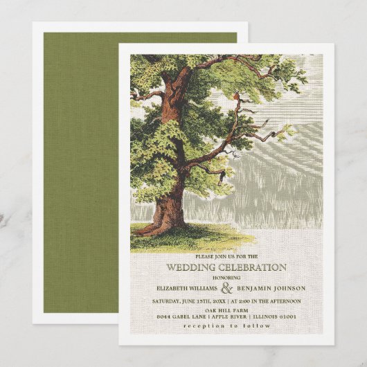 Groene beige eikenboom Burlap Wedding Kaart (Voorkant / Achterkant)