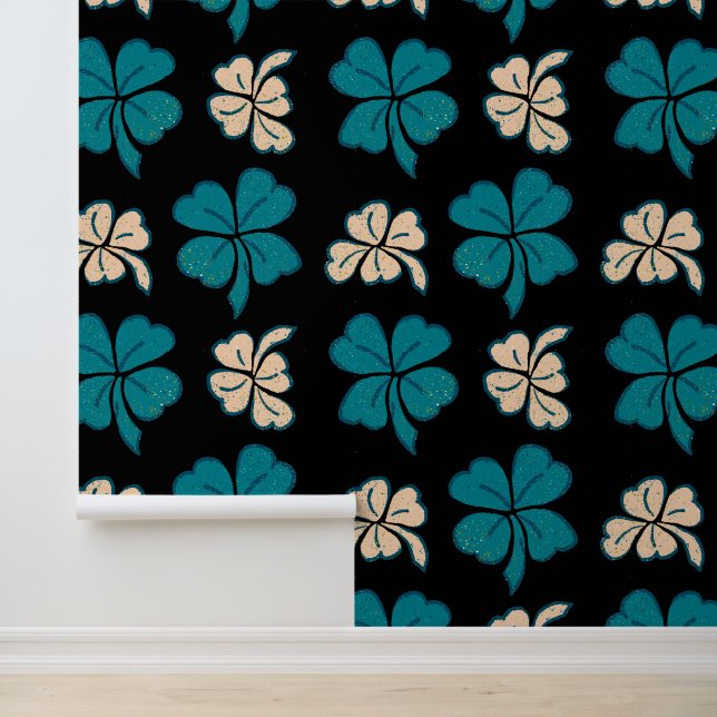 Groene Beige Klaver Shamrock Hand getrokken patroo Behang (Applicatie)