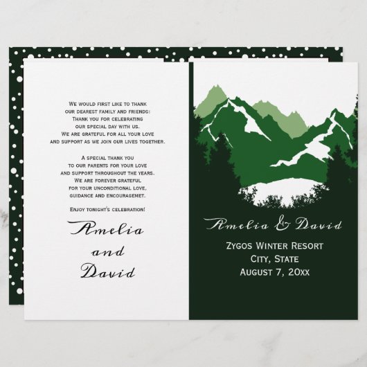 Groene bergen en naaldgevouwen trouwprogramma (Voorkant / Achterkant)