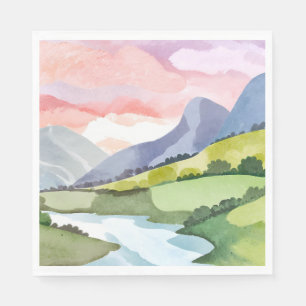 Groene berghelling zonsopgang Aquarelschilderij Servet