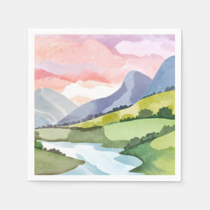 Groene berghelling zonsopgang   Aquarelschilderij Servet