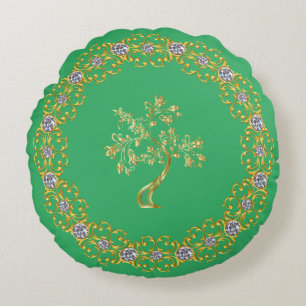 Groene betovering op Golden Tree Pattern Rond Kussen