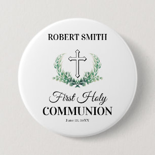 Groene blad eerste communie  ronde button 7,6 cm