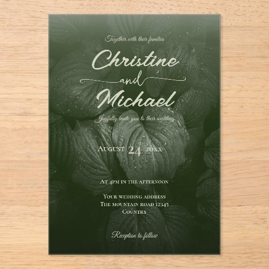 Groene blad elegante groen lente bruiloft acryl uitnodigingen (Voorkant)