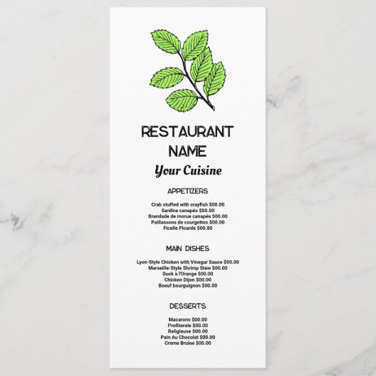 Groene Blad, Restaurant Slimline Menu (Voorkant)