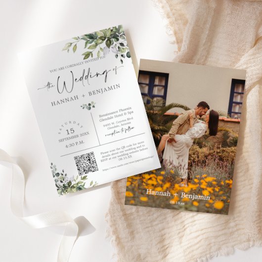 Groene bladeren bruiloft moderne minimale QR-code Kaart