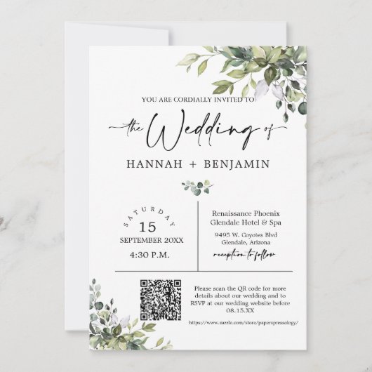 Groene bladeren bruiloft moderne minimale QR-code Kaart (Voorkant)