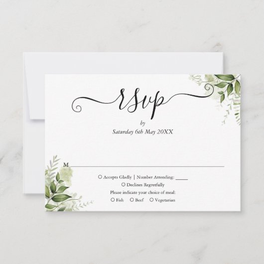 Groene Bladeren Elegant Script Bruiloft RSVP Kaartje (Voorkant)