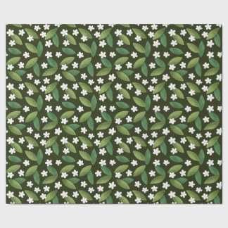 Groene bladeren en witte bloemen op groene achterg cadeaupapier