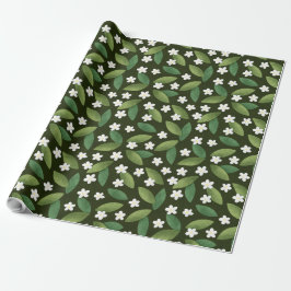 Groene bladeren en witte bloemen op groene achterg cadeaupapier