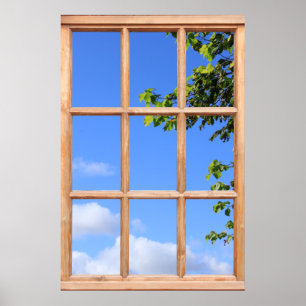 Groene bladeren en zomerse lucht gezien vanuit een poster