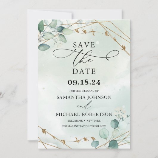 Groene bladeren eucalyptus bladeren lijst save the date (Voorkant)