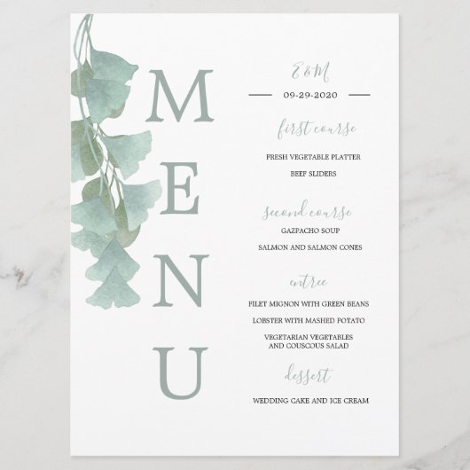 Groene bladeren Eucalyptus Summer Elegant Wedding Menu (Voorkant)