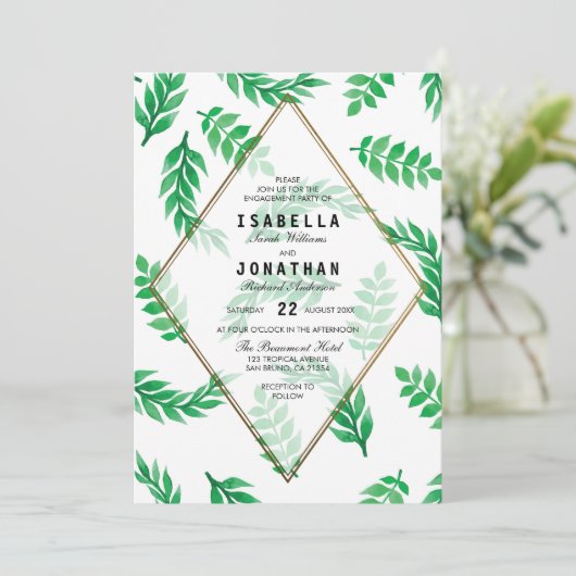 Groene bladeren | Gold Floral Engagement Party Kaart (Staand voorkant)