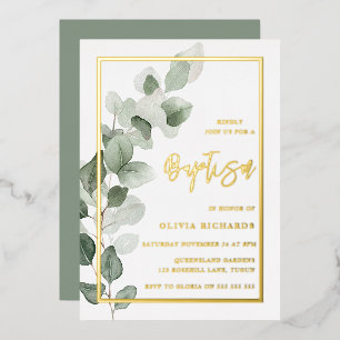 Groene Bladeren Goud Folie Jongen of Meisje Doopfe Uitnodiging