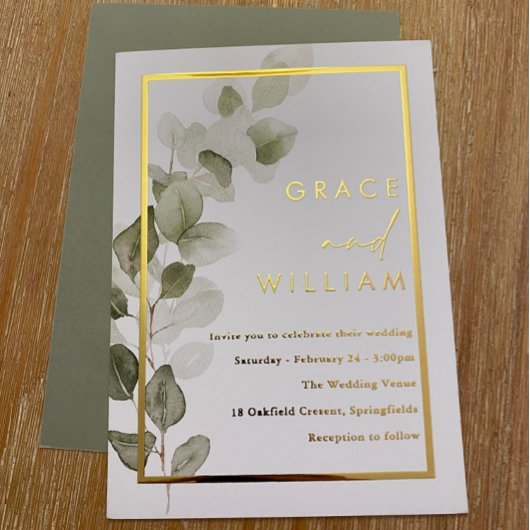 Groene bladeren Gouden Folie Rand Moderne bruiloft Folie Uitnodiging