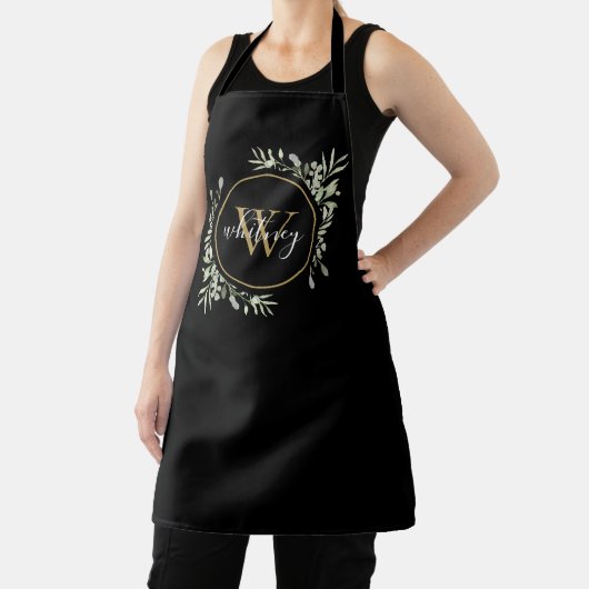 Groene Bladeren Gouden Monogram Chic Script Zwart Schort (Insitu)