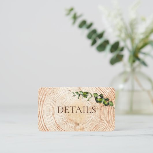 Groene bladeren Hout Snijd plak Bruiloft Details Informatiekaartje (Staand voorkant)