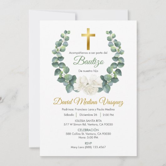 Groene bladeren krans doop uitnodiging in het Spaa (Voorkant)