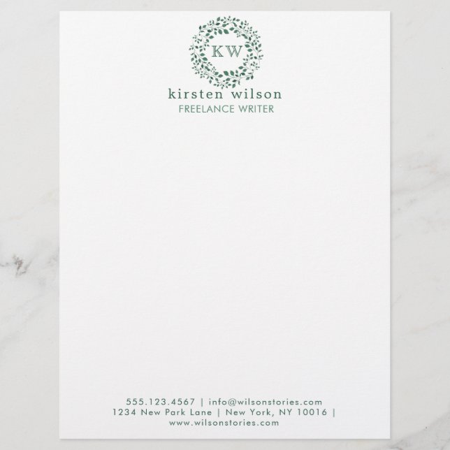 Groene bladeren krans | Monogram briefhoofd (Voorkant)