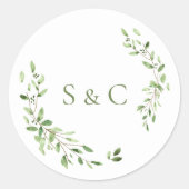 Groene bladeren krans Monogram bruiloft Ronde Sticker (Voorkant)