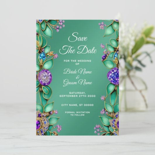 Groene bladeren Paarse edelstenen sparen de datum Save The Date (Staand voorkant)
