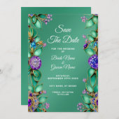 Groene bladeren Paarse edelstenen sparen de datum Save The Date (Voorkant / Achterkant)