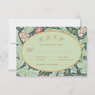 Groene Bladeren Rode Anjers Gouden Ovaal Botanisch RSVP Kaartje