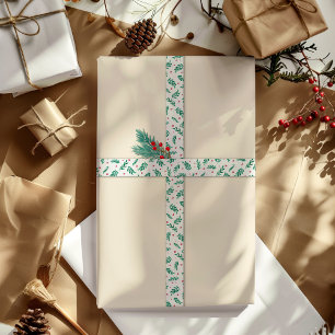 Groene bladeren & rode bessen Kerstmis Patroon Wit Lint