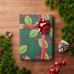Groene bladeren, rode bessen, patroon van bladeren cadeaupapier