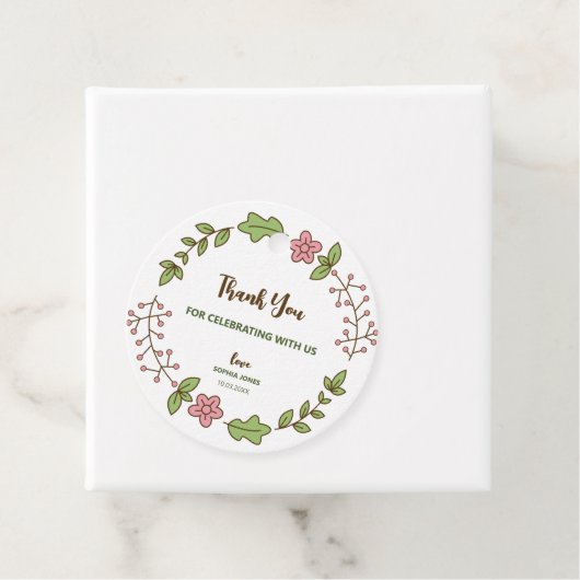 Groene Bladeren Roze Bloem Bruiloft Feest Bedankjes Labels (In situ)