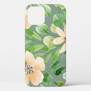 Groene bladeren, roze bloemen: Waterverf. iPhone 12 Hoesje