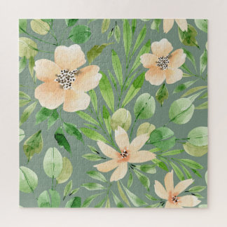 Groene bladeren, roze bloemen: Waterverf. Legpuzzel