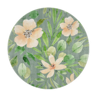 Groene bladeren, roze bloemen: Waterverf. Snijplank