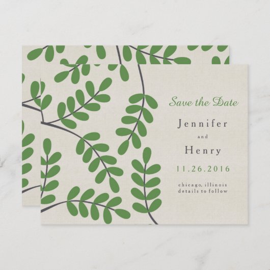 Groene bladeren Sla de datumkaarten op Save The Date (Voorkant / Achterkant)