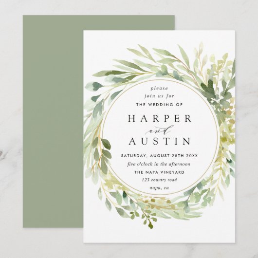 Groene Bladkrans Botanische Trouwkaart Kaart (Voorkant / Achterkant)