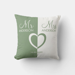 Groene blanke Mr Mrs. Name hart bruiloft Sierkusse Kussen