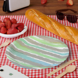 Groene blauwe grijze witte Waterverf Stripes Papieren Bordje