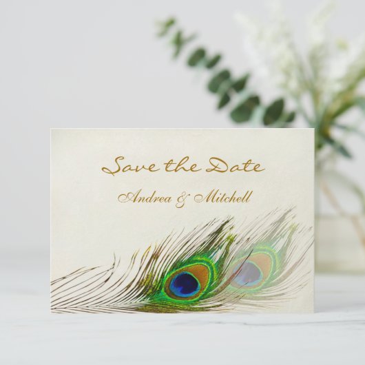 Groene blauwe paukveren Sparen de datum Uitnodigen Save The Date (Staand voorkant)