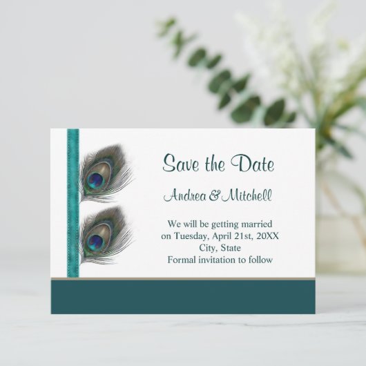 Groene blauwe paukveren Sparen de datum Uitnodigen Save The Date (Staand voorkant)
