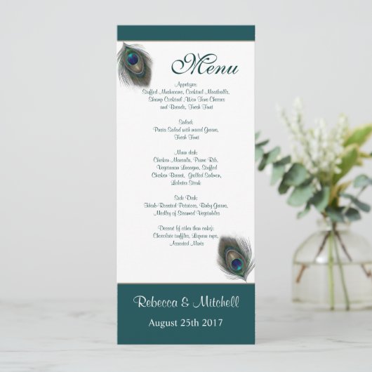 Groene blauwe pauwveren Menu Uitnodiging (Staand voorkant)