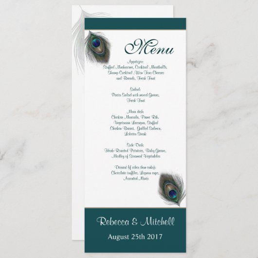 Groene blauwe pauwveren Menu Uitnodiging (Voorkant / Achterkant)