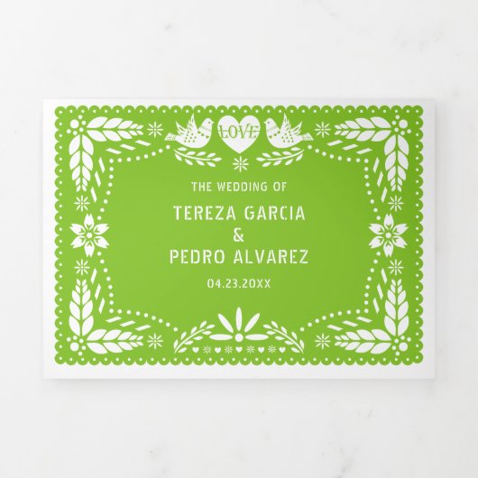 Groene, blauwe roze papel picado lovevogels bruilo drieluik uitnodiging (Cover)