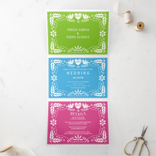 Groene, blauwe roze papel picado lovevogels bruilo drieluik uitnodiging (Binnen)